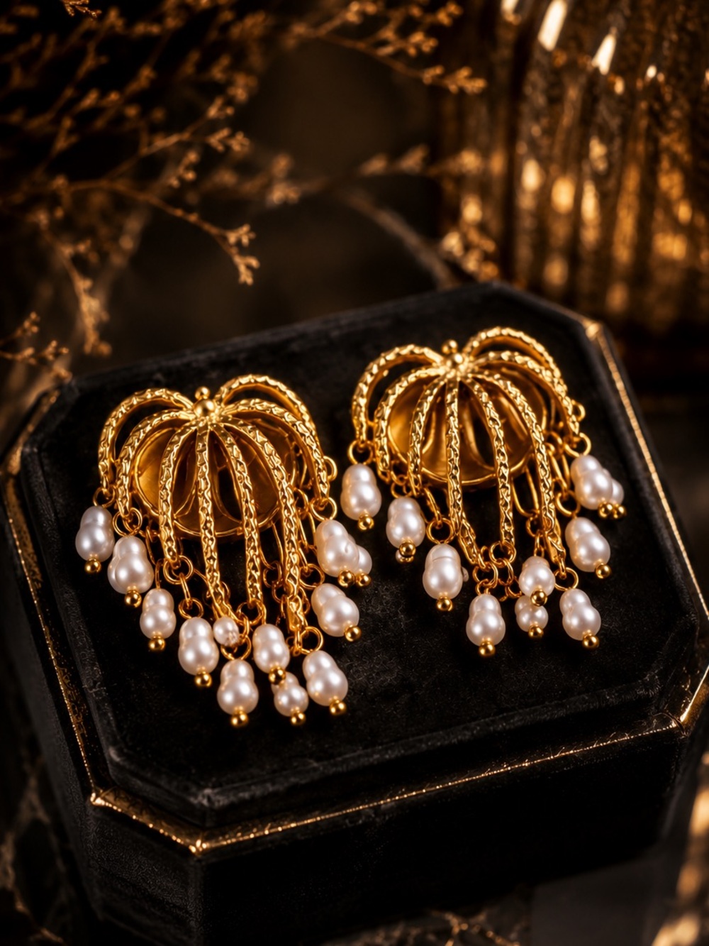 Gold Hoop Earrings with White Pearl Drops - Picture 5 of 8